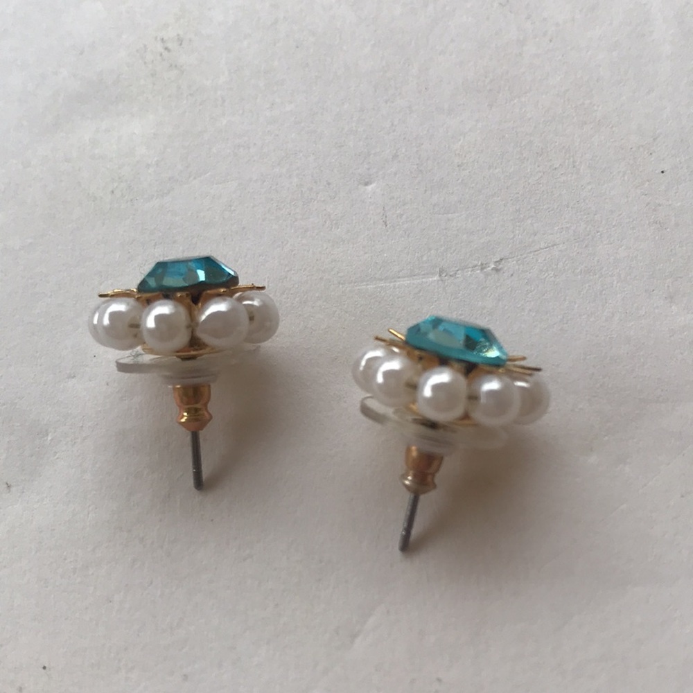 Y2k Betsey Johnson Stud Pearl Blue Gold Gem Tiffany Teal Vintage Sun Star Burst - Picture 6 of 12
